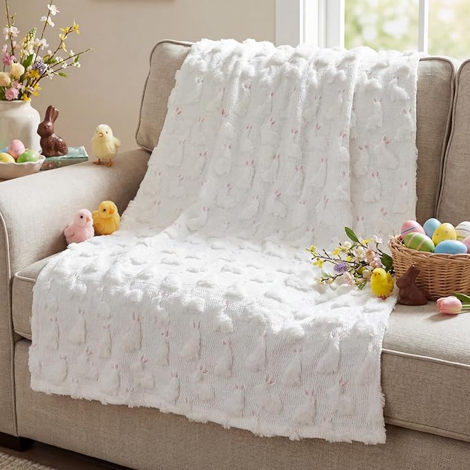 Easter Throw Blanket 50 x 60 Inch White Bunny Blanket Velvet Faux Rabbit Fur Soft Lightweight for Home Living Room Couch Sofa Bed Cabin Easter Spring Holiday Decor