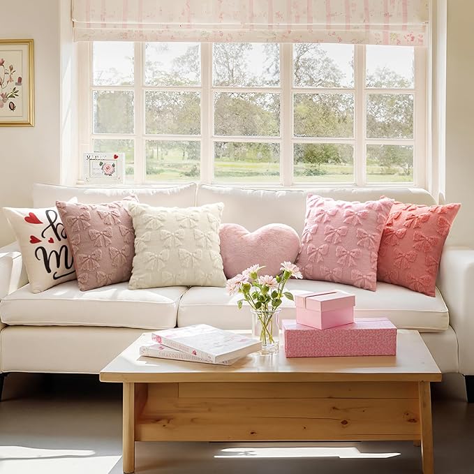 MIULEE Blush Pink Bow Pillow Covers Coquette Room Decor Aesthetic Set of 2 Spring Decorative Cute Girl Soft Plush Faux Pillowcase for Preppy Room Decor Bedroom Couch,20x20 Inch