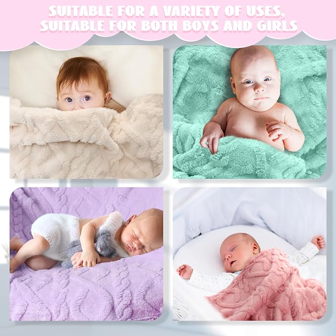 VitalCozy 4 Pcs Soft Fleece Baby Blankets Set 30" x 40" 3D Plush Warm Nursery Swaddling Bed Blanket Little Boys Girls Infant Toddlers and Newborn Receiving Gifts Blankets(Light Color)