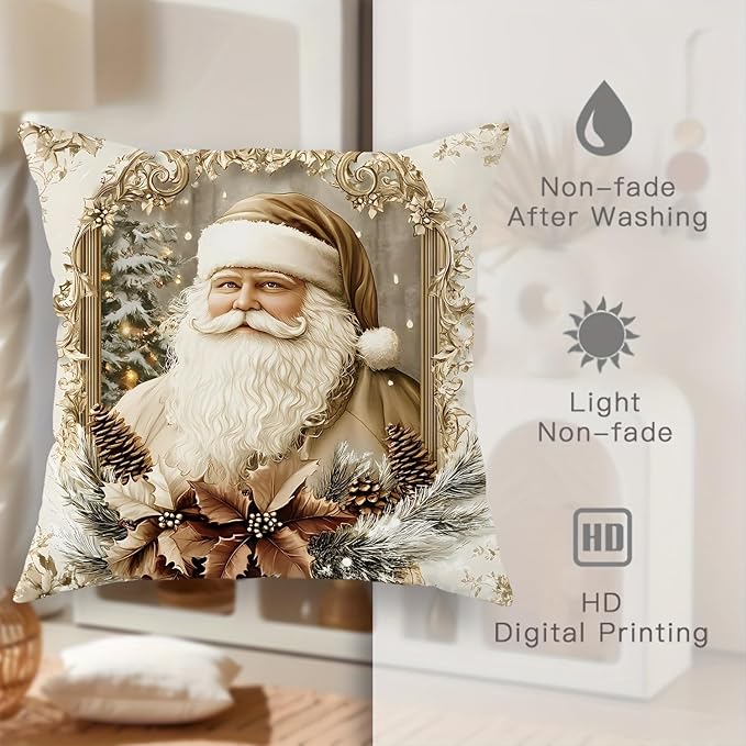 Elegant Christmas Throw Pillow Covers, Vintage White with Gold Floral Design, Winter Holiday Theme with Santa and Reindeer, Decorative Cushion Cases，Short Plush