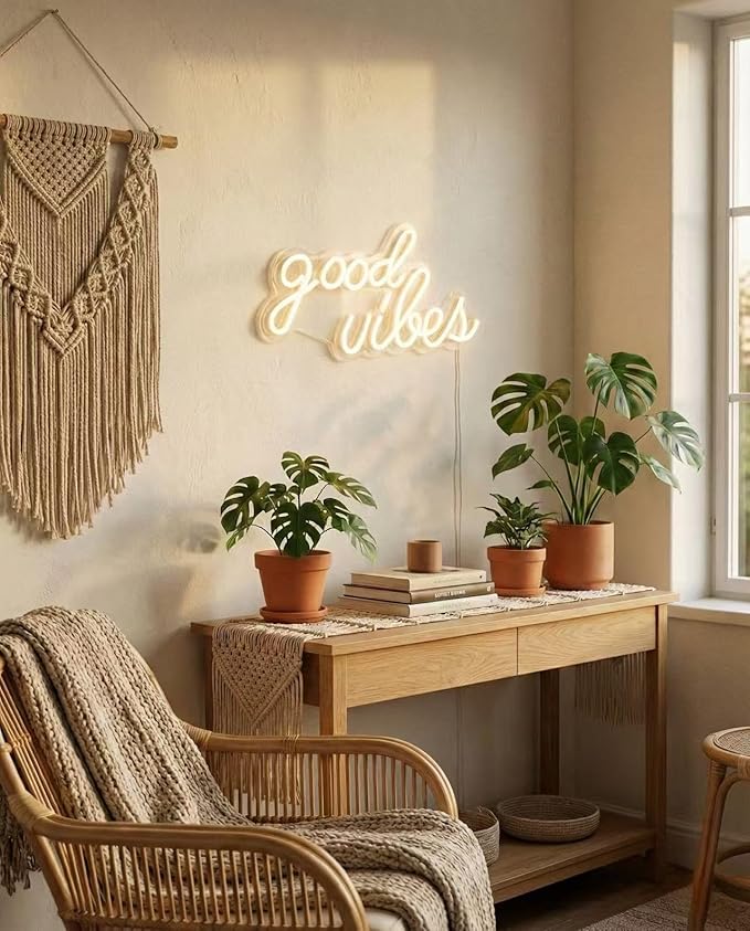DECANIT Good Vibes Neon Sign Warm White, Boho LED Light for Wall Decor, Living Room, Wedding, Engagement Party, USB Powered 3D Art Holiday Gift, 16.1x8.3 Inch