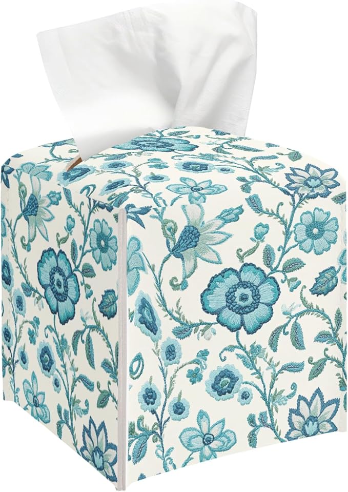 Vintage Floral Tissue Box Cover, Blue Flowers Tissue Holder Square with Bottom Belt for Home Bathroom Office Vanity Countertop, Housewarming Gifts Ideas for Women Friends Mom Bestie -04