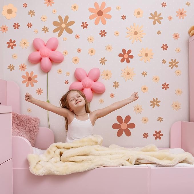 Kisston 90 Pcs Daisy Wall Decal Alphabet Vinyl Wall Decals Boho Decal Daisy Stickers Boho Groovy Floral Stickers for Nursery Art Bedroom Classroom(Classic)