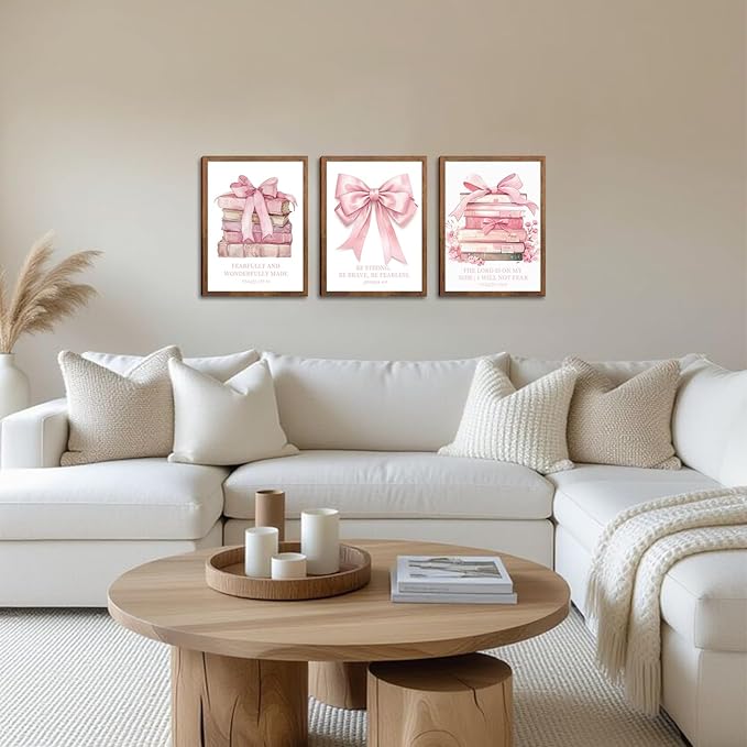 Pink Bow And Book Canvas Wall Art Set of 3, Coquette Trendy Preppy Cute Girl Posters Prints Wall Decor, Book Lovers Gifts for Girls Room College Apartment Living Room Bedroom 16x24In Wood Framed