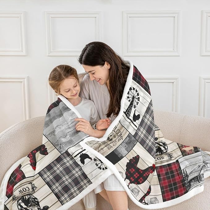 Rustic Farm Animal Fleece Bed Blanket Twin 60"X80" Retro Buffalo Plaid Farmhouse Cabin Throw Blanket Country Sheep Chicken Cow Print Sherpa Blanket,Grid Windmill Flannel Blanket Red Black Grey