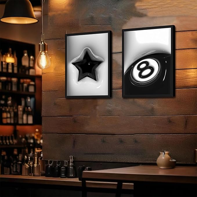 Modern Trendy Wall Art Set of 3, Black and White Lucky 8 Star Wall Decor Paintings Cool Preppy Finger Poster Canvas Prints for Dorm Bedroom Living Room 12x16 inch Framed