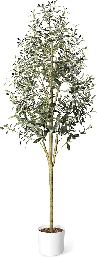 Waterproof Artificial Olive Tree, 6 FT Tall Faux Olive Tree for Home Indoor Decor, Floor Plant with Textured Leaves Fruits, Realistic Wood-Grain Trunk, Fake Plant for Living Room Bedroom Office