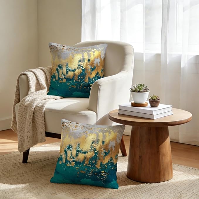 Emerald Green and Gold Throw Pillow Covers Set of 2 18x18 Inch, Teal Gold Modern Decorative Square Pillowcases for Couch Sofa Living Room Bedroom Car Office, Christmas Green Pillow Covers, Home Decor