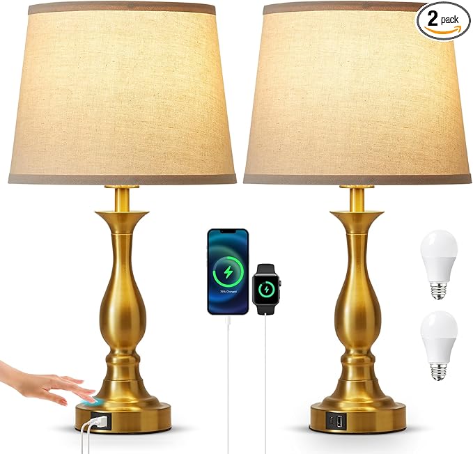 Bedside Table Lamp Touch Control Bedroom Lamps with USB A and C Charging Port 3 Way Dimmable Touch Lamps for Nightstand Living Room Bedroom Dorm Home Office Reading, Set of 2
