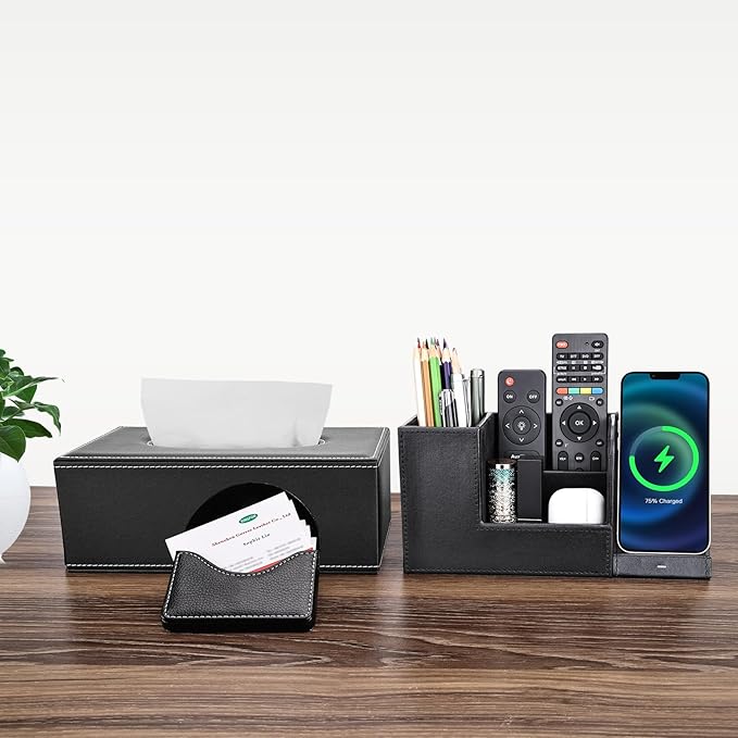 KINGFOM PU Leather Desk Organizer Pen Pencil Holder with Wireless Charger Stand for iPhone, Rectangular tissue box cover, Pocket Business Cards Holder Black-5PCS/SET