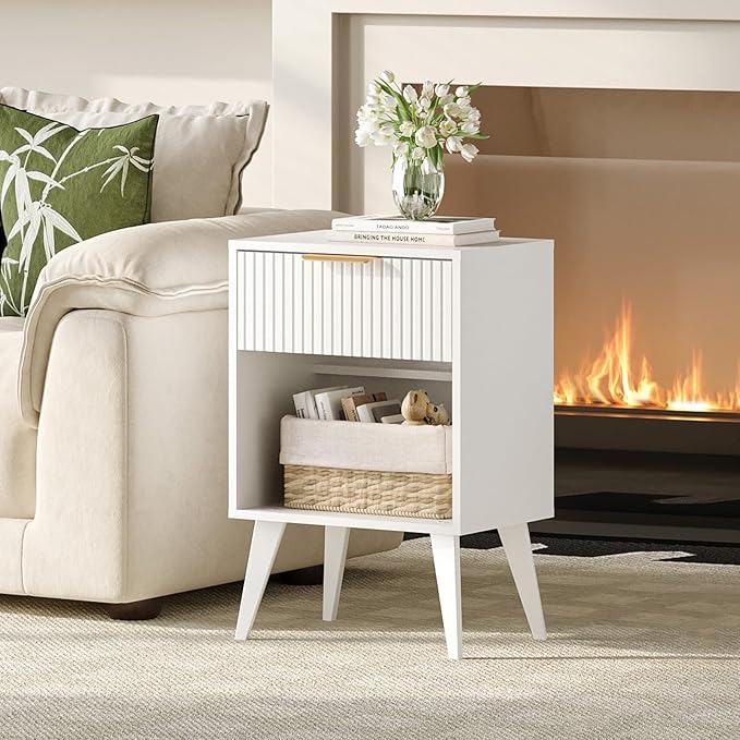 Fluted Night Stand with Opening Storage,Mid Century Bedside Table with Drawer,Modern Nightstand with Solid Wood Legs,End Table Side Table for Living Room,Bedroom,White CTG56W