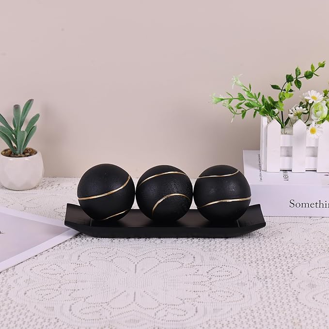 LCCCK Decorative Tray with Balls Set, Black Gold Decor Orbs TV Stand, Coffee Table Centerpiece, Elegant Orbs Decorative Balls for Dining Kitchen Console Fireplace Decor Centro De Mesa De Comedor