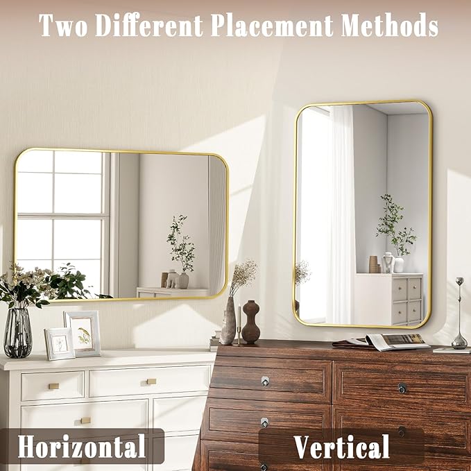 20x28 Inch Bathroom Mirror - Wall Mounted Vanity Mirror with Round Corner Aluminum Alloy Frame, Hanging Horizontally Vertically for Living Room, Bedroom, Hallway as Home Decor, Gold