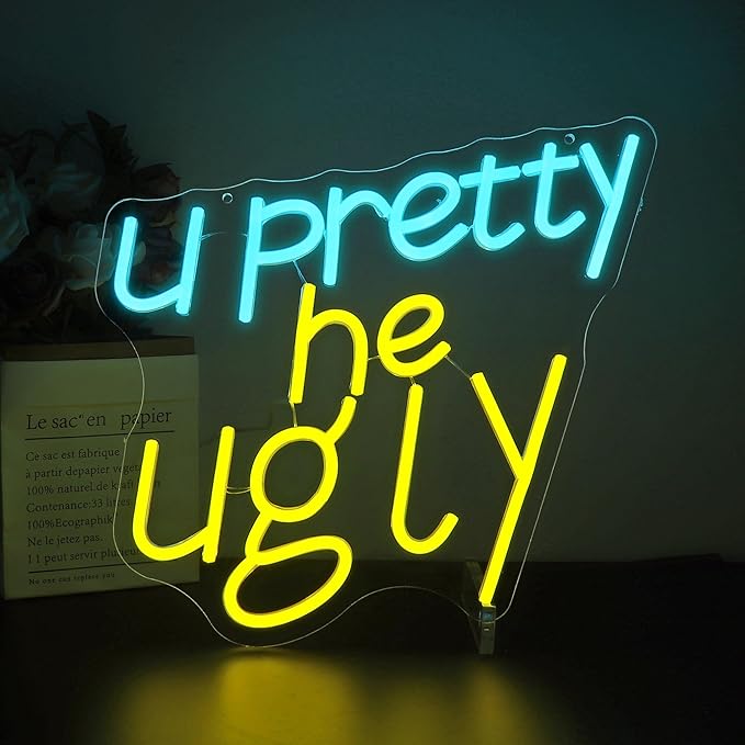 U Pretty, He Ugly Neon Sign, Dimmable Neon Signs for Wall Decor, Beer Bar Signs for Man Cave, Room Home Decor, Led Sign - USB Powered