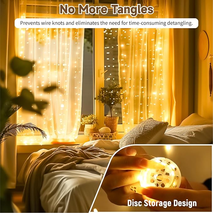 HXWEIYE 300LED Untangled Curtain Lights, 9.8x9.8Ft USB Fairy Twinkle String Lights with Remote and DIY Timer, 8 Modes Window Wall Hanging Light for Bedroom Dorm Backdrop Room Decor, Warm White