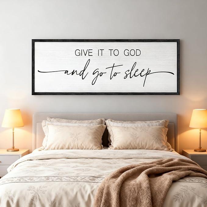 Give It to God and Go to Sleep Decorative Rustic Sign & Plaque Framed Wall Art for Couples, 40''×15'' Cottagecore Wooden Horizontal Wall Decor Above Bed, Vintage Farmhouse Wedding Gift for Bedroom