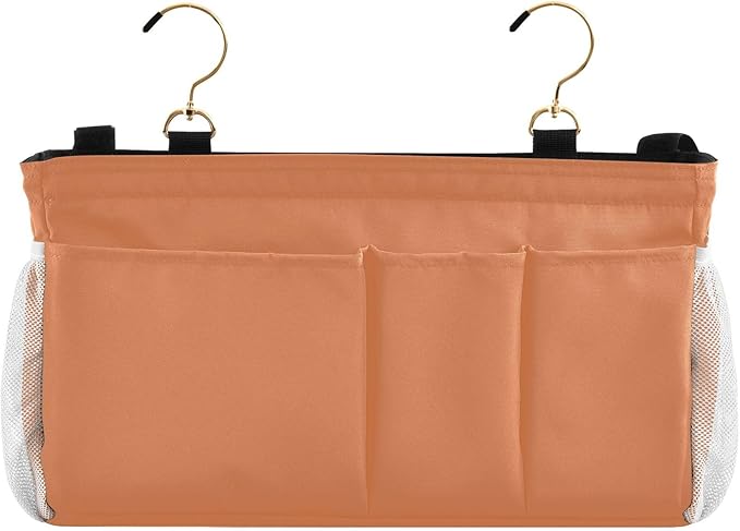 DOMIKING Orange Bedside Caddy for Dorm Bed Recliner Armrest Organizer with Hooks Haning Holders for Rails Headboards Bunk Bed