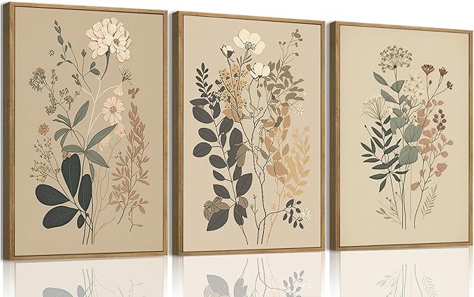 Wodkwq 3 Piece Vintage Floral Canvas Wall Art Framed,Large Wildflower Wall Art,Neutral Farmhouse Botanical Wall Painting,Modern Floral Art Prints For Living Room,Bedroom,Office 16x24in