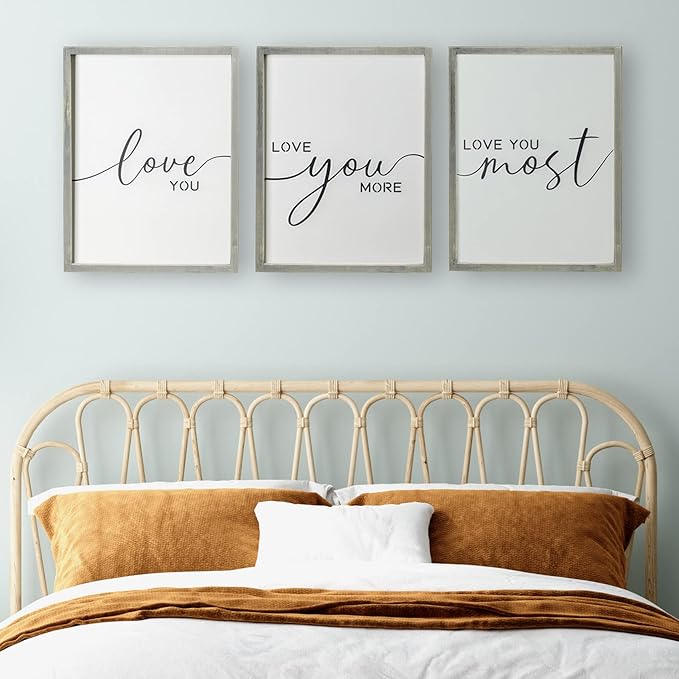 Set of 3 I Love You Signs - Love You More Wall Decor for Bedroom and Living Room (11x14 inches, Gray)