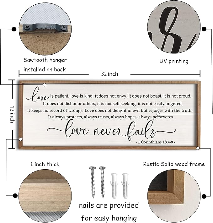 flowtorely Love is Patient, Kind Wall Art Decor 32"X12" Sign 1 Corinthians 13 Bedroom Above Bed Wall Decor Large Bible Verse Quote Scripture Christianity Hanging Sign (Wood)
