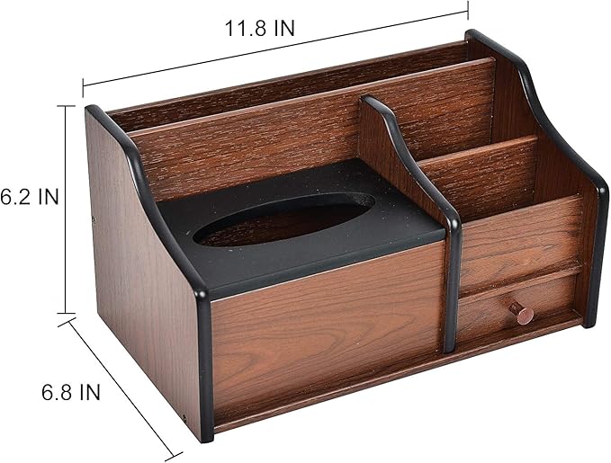 Cherry Brown Wood Desk Organizer Tissue Box Lid Multiple Slots Drawer Tabletop Storage Cabinet Solid Wood Phone Tablet Remote Control Holder Office Supplies Caddy Accessory Sorter Home