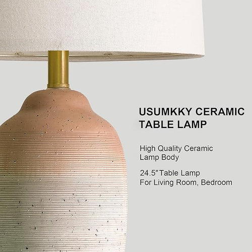24.5" Ceramic Table Lamp with 5FT Cord, Single Farmhouse Vintage Rustic Bedside Lamp for Living Room Bedroom Entryway, Linen Shade Nightstand End Table Decor (Bulb Not Included)-White&Brown