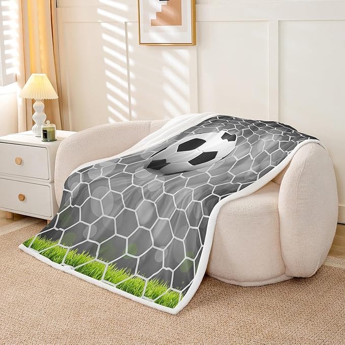 Erosebridal Soccer Sherpa Blanket Boys Football Field Goal Blanket Throw Summer Team Sports Games Fleece Blanket Fantasy Bubble Fuzzy Blanket for Kids Girls Teens 40"x50" Green White Child Room Decor