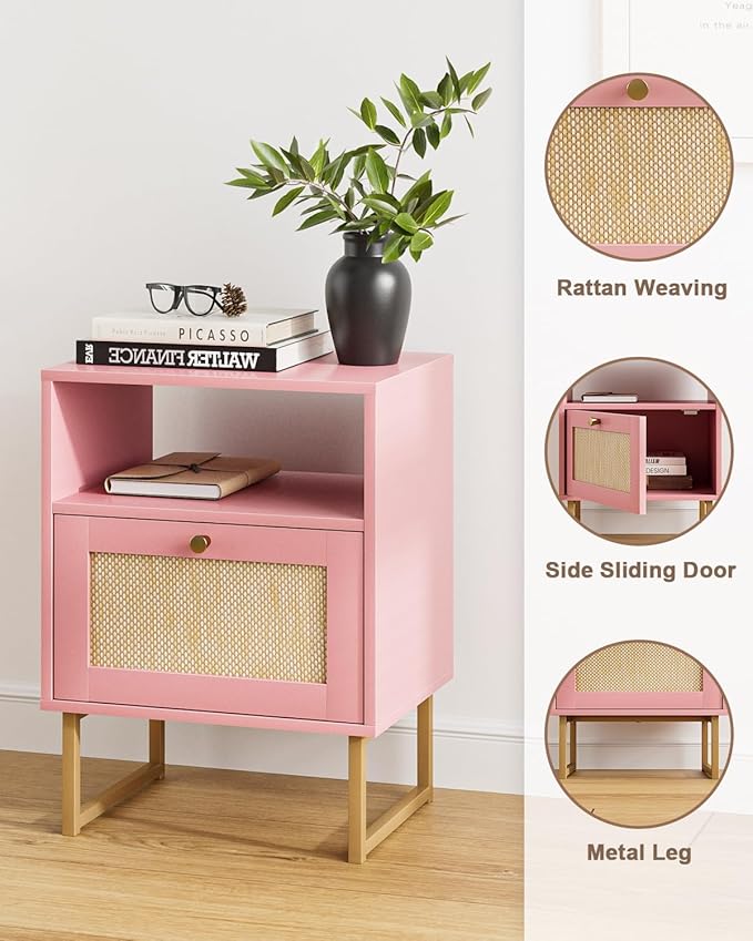 Masupu Rattan Nightstand,Modern Boho Farmhouse Wood Bedside Table with Storage Drawer and Open Shelf,Small Black Frame Side End Table for Bedroom,Living Room,Office (Pink)