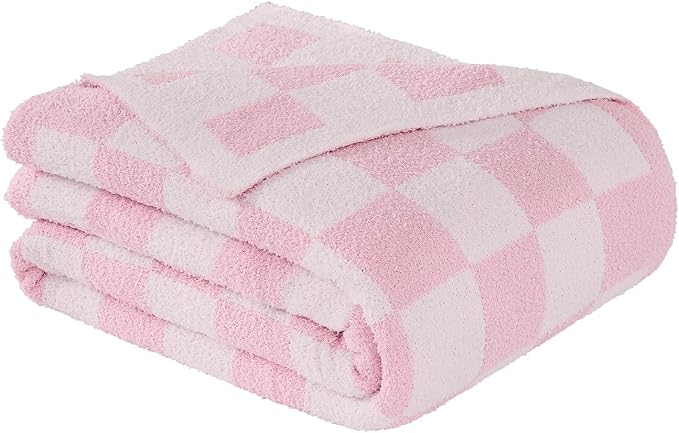Checkered Throw Blanket, Pink Soft Cozy Fluffy Knitted Throw Blankets for Couch, Sofa, Bed, Chair, Warm Fuzzy Travel Picnic Lightweight Plaid Blanket, 60x80 inches