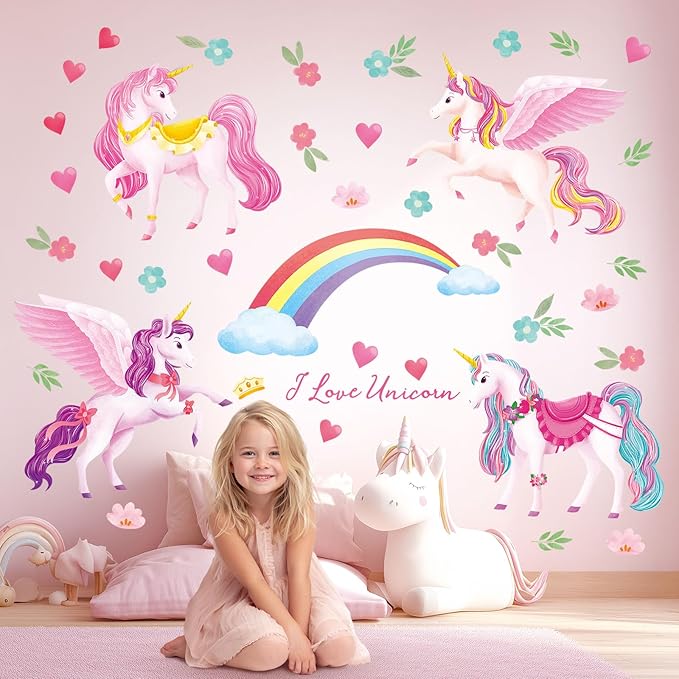 DECOWALL DS9-8072 Unicorns and Rainbow Wall Stickers Decals Birthday Decorations for Girls Party Favors Unicorn Room Decor Bedroom Gifts Kids Colorful Removable Nursery Living Art Home Princess