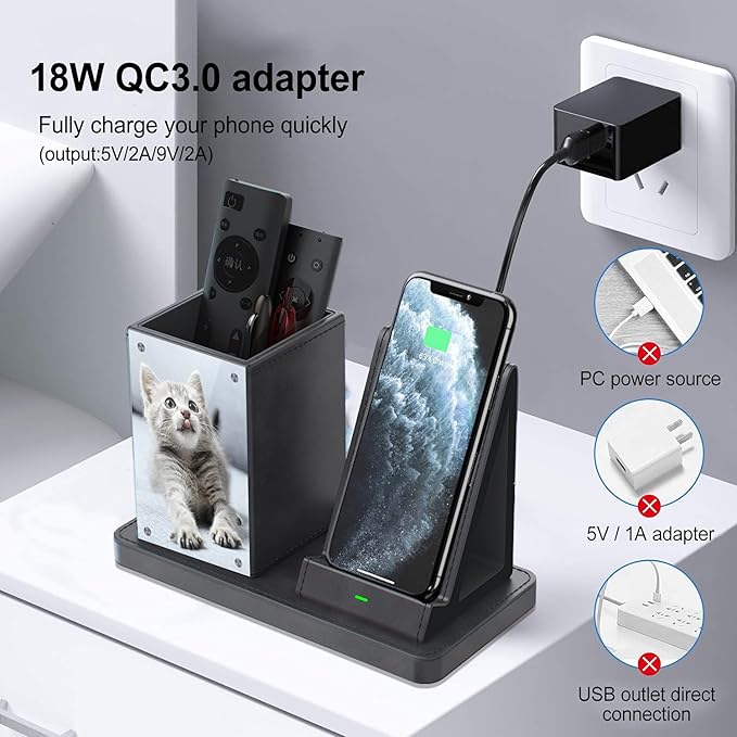 KINGFOM PU Leather Desk Organizer Pen Pencil Holder with Wireless Charger Stand, 10W Fast Wireless-Charging for iPhone 11, 11 Pro, 11 Pro Max, XR, Xs Max, XS, X, 8, 8 Plus(Gray)