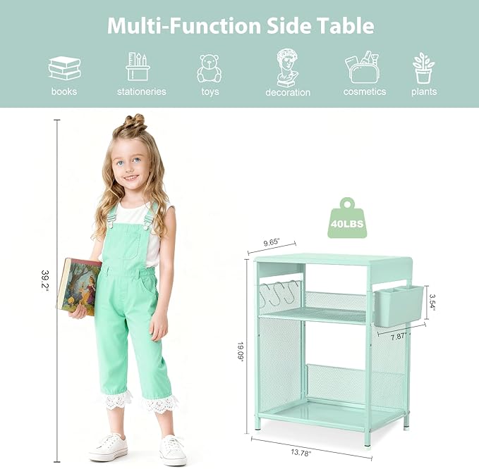 Kids Nightstand, 3-Tier Metal Side Table with Adjustable Storage Shelf, Basket & 3 S-Hooks, Small Bedside Table for Nursery, Toddler Bedroom and Small Spaces (Green)