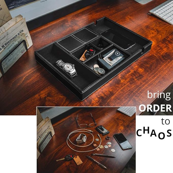 ULTRAY, Valet Tray for Men, Nightstand Organizer, Entry Table Organizer, Catch All, Black Faux Leather Box, 6 Compartments