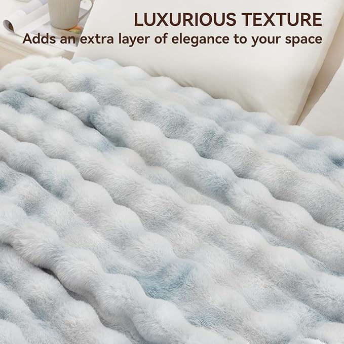 Faux Fur Throw Blanket, 1000GSM Fluffy Soft Bubble Blanket for Couch Bed, Cozy Plush Warm and Thick Rabbit Blanket for Living Room Bedroom 90''*104'' Tie-dye Blue