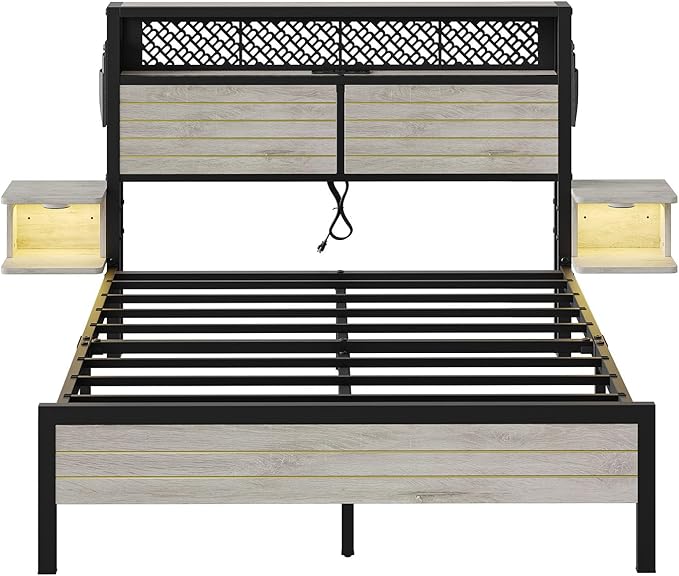 Bestier Full Bed Frame with Horizontal Golden Stripe Storage Headboard&LED Nightstands, Metal Platform Bed with Charging Station, Heavy Duty Metal Slats, No Box Spring Needed, Noise Free(Grey Oak)