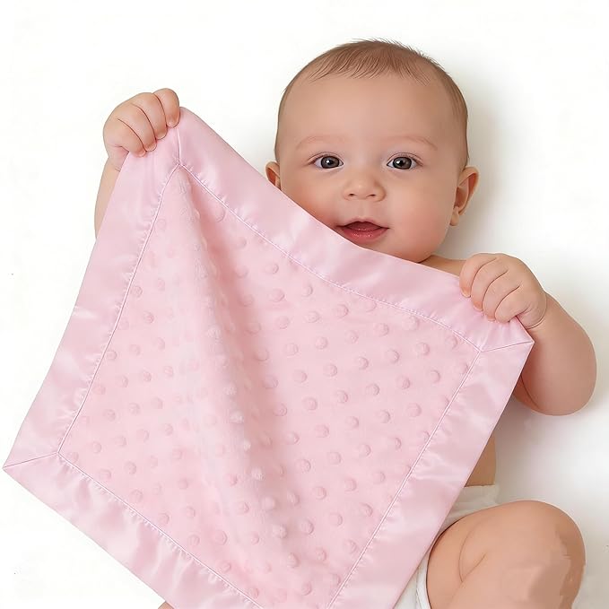 American Baby Company Heavenly Soft Chenille Security Blanket (14" x 14"), 2-Layer Design with Minky Dot & Silky Satin, Pink, for Boys and Girls