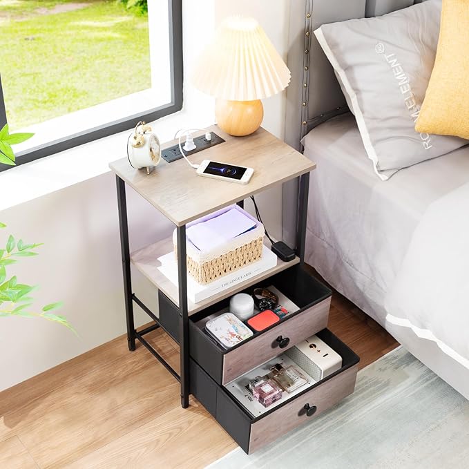 Night Stand Set 2, LED Nightstand with Charging Station, End Tables with Storage Shelf, Bedside Table with 2 Fabric Drawers for Bedroom, Small Spaces, Grey HETS02PGY
