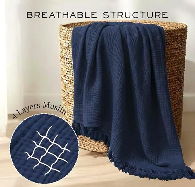 KyraHome Muslin Blankets for Adults, Kids, 60"x80", 100% Organic Cotton Large Cotton Throw Blankets for Couch, Plant Dyed Breathable Lightweight Gauze Blankets, All Season (Navy Blue)