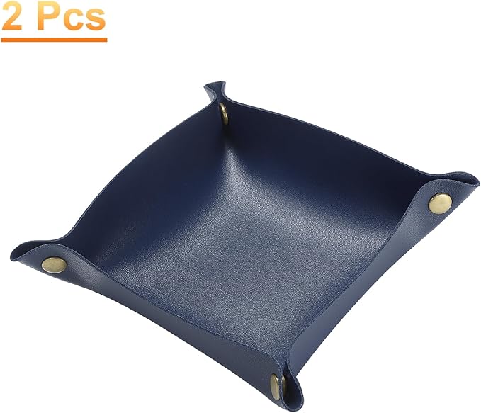 HARFINGTON 2pcs PU Leather Valet Tray Unisex Folding Small Catchall Tray Portable Entryway Table Tray Nightstand Bedside Desk Tray for Key Wallet Watch Coin Jewelry Dice, Dark Blue