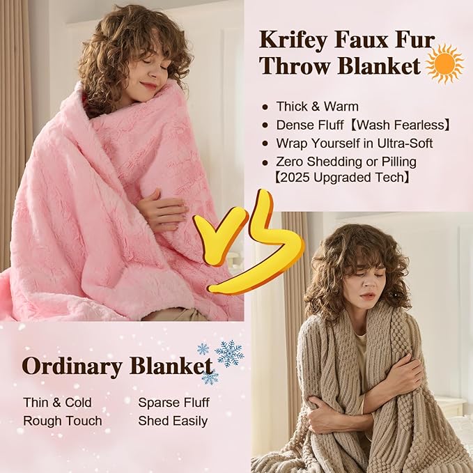 Krifey Faux Fur Throw Blanket for Couch, 3D Marble Texture Soft Throws, Cozy Fuzzy Plush Thick Warm Blanket, Faux Rabbit Fleece, Christmas Birthday Gifts for her Girls Women Mom, Cute Pink, 50x60in