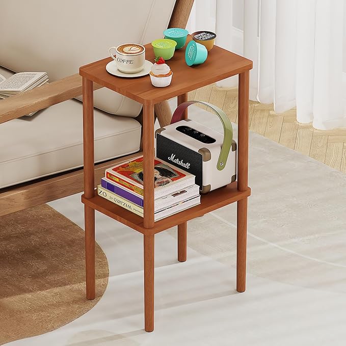 Solid Wood Side Table, 2-Tier Tall End Table with Storage Shelf, Small Nightstand Bedside Table for Bedroom, Living Room, Kids Room & Small Spaces, No-Tool Assembly,(Walnut)