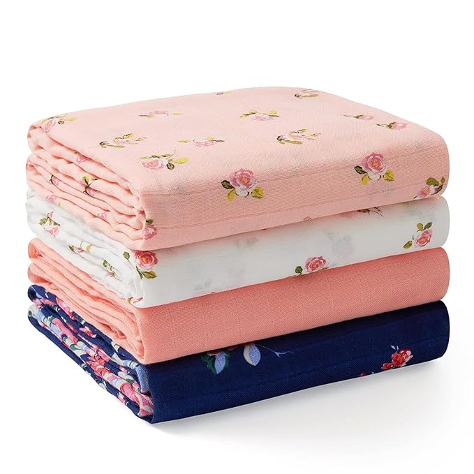 Momcozy Muslin Swaddle Blankets, 4-Pack Breathable and Skin-Friendly Receiving Blankets, Best Wishes Swaddle Blanket Shower Gifts & Baby Girl Newborn Essentials, Large 47"x47", Blooming Dream