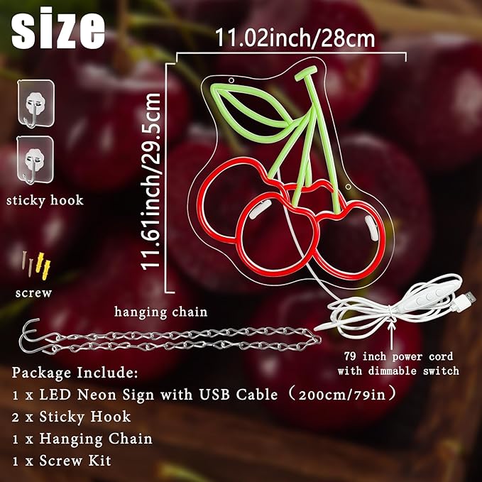 Cherry Neon Sign Cute Red Green Cherries LED Neon Light for Wall Decor Dimmable USB Fruit Light Up Sign for Boys Girls Room Restaurant Birthday Party bar Fruits Shop Decorations