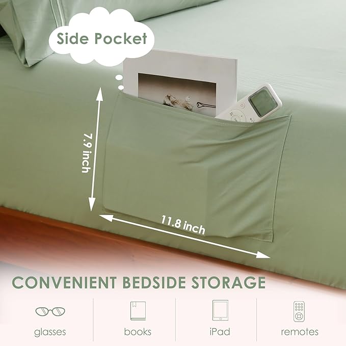 JSD Sage Green King Sheet Set with Side Pocket Corner Straps, 4 Piece Soft Microfiber Bed Sheets Extra Deep Pocket