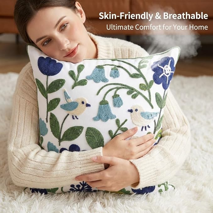 YIcabinet Pack of 2 Throw Pillow Covers, Embroidered Bird Flowers Pattern Throw Pillow Cover,Square Cotton Cushion,Pillow Case for Sofa Bedroom Couch,18"x18"