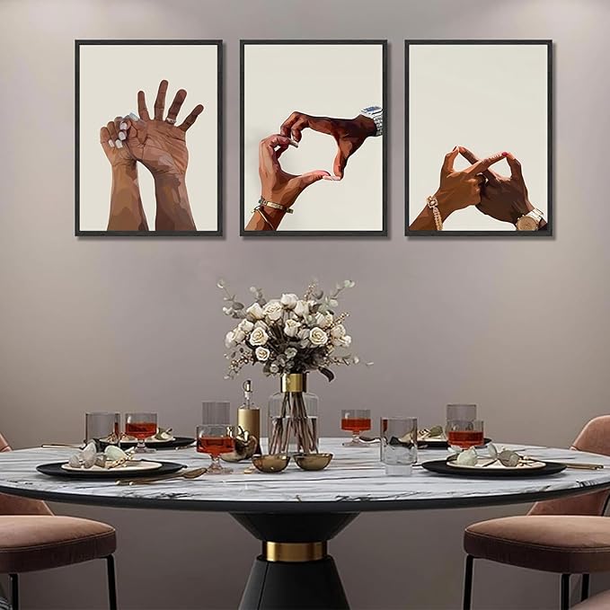 3Pcs Black Couple Wall Art Holding Hands Heart Love Wall Decor Afro Women Men Canvas Poster Prints for Living Room Bedroom Bathroom Decoration Unframed (12x16in)