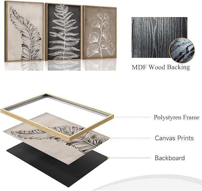 Wodkwq 3 Piece Black Beige Vintage Botanical Canvas Wall Art Framed,Modern Natural Leaves Wall Decor,Minimalist Floral Wall Painting, Abstract Leaf Art Print for Living Room,Bedroom,Office 16x24in