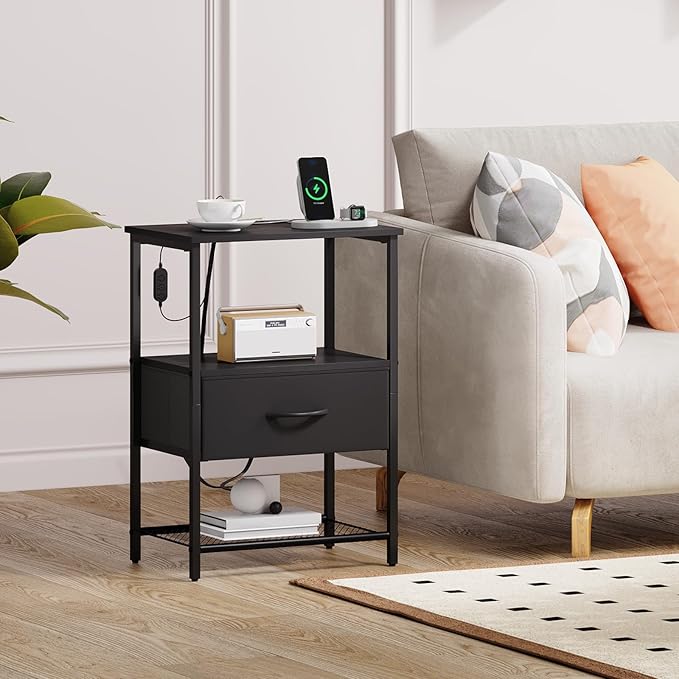 Somdot Black Nightstand Set of 2 with Charging Station and LED Light for Bedroom, Bedside Table End Table for Dorm Guest Room Bedside Kids Laundry Closet Entryway Hallway, Black Rustic Brown