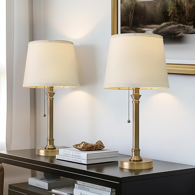 Oneach 19.5” Warm Gold Table Lamps Set of 2, Pull Chain Switch Bedside Table Lamps, Modern Nightstand Lamp with Linen Shade, Small Desk Lamp for Living Room, Bedroom, Home Office, Nursery