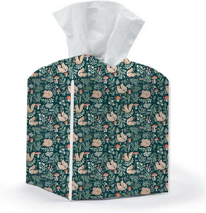 Tissue Box Cover, Tissue Box Holder, Square with Belt Bottom, PU Leather Decorative Organizer for Desk, Tabletop, Countertop Bathroom, Toilet Car, Office Dresser Kitchen, Squirrel Plant Mushroom Decor